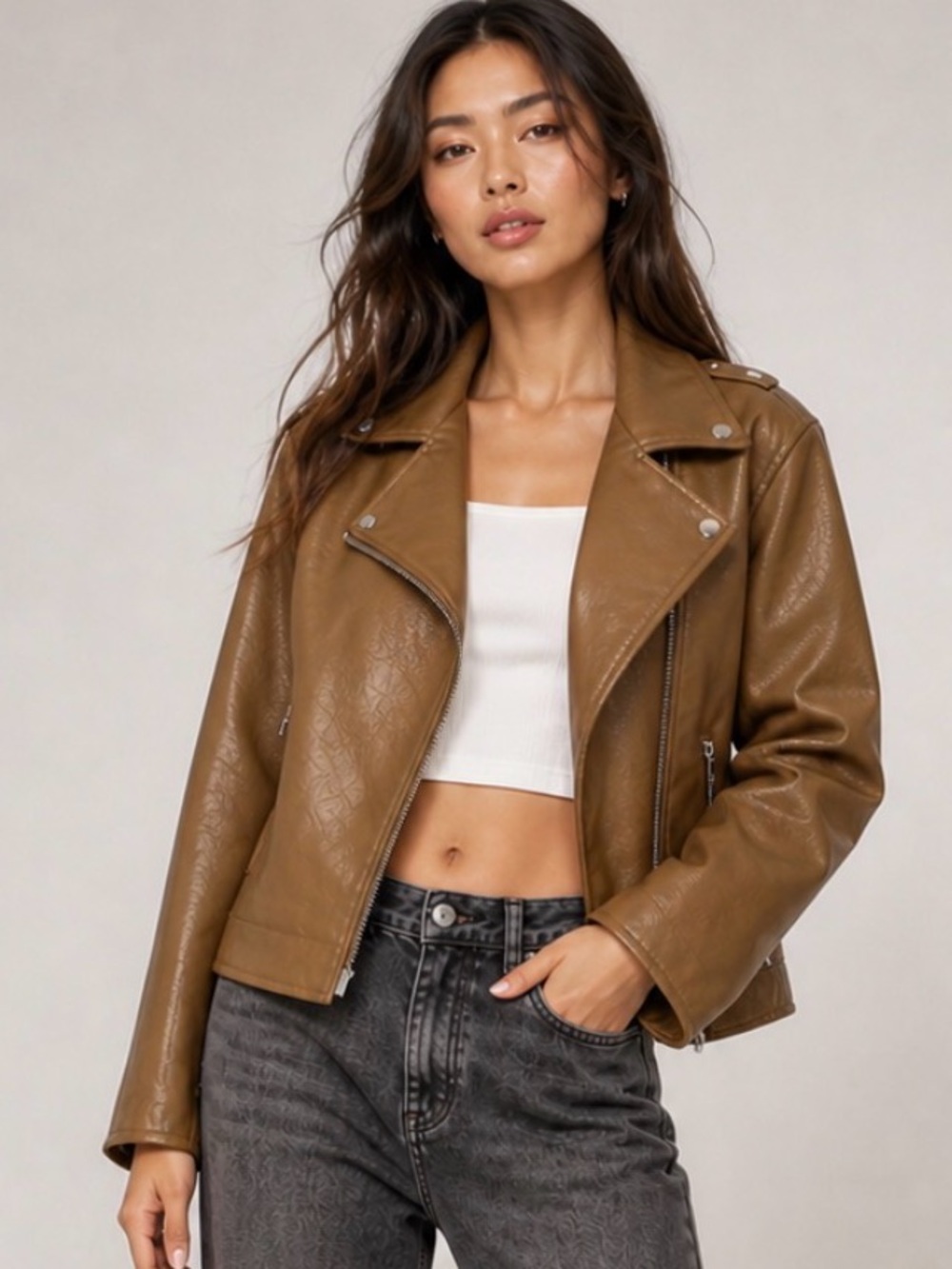 REVOLVE Midnight Rider Brown Vegan Leather Moto Jacket Size M NWOT
